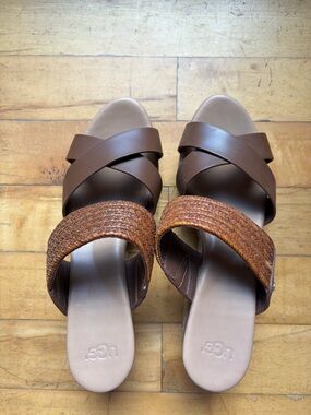 UGG Women's Brown Crossband & Woven Slide Sandals Never Worn!
